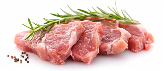 An appetizing pile of raw beef meat seasoned with rosemary and pepper, set on a white background. A tantalizing ingredient for a delicious dish.