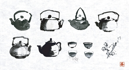 Collection of sumi-e style ink wash paintings of teapots and cups on rice paper background. Translation of hieroglyph - tea. - obrazy, fototapety, plakaty
