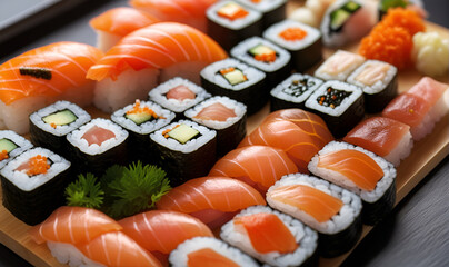 Sushi set, rolls, seafood. Japanese traditional dishes