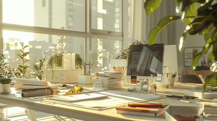Architectural Firm Set with Blueprint Boards, Design Models, and Creative Workspaces. Concept of Architectural Innovation and Urban Planning