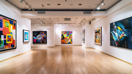 Art Gallery Set with Contemporary Artworks, White Walls, and Track Lighting. Concept of Art Appreciation and Cultural Scene - obrazy, fototapety, plakaty