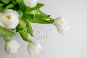 Thank You Message with White Tulips on Grey