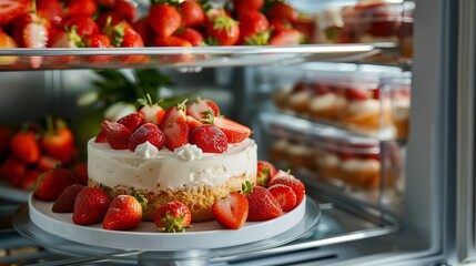 Obraz premium A tray with whipped cream cheese cake and strawberries placed on a shelf inside a refrigerator, center composition, front view