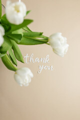 Thank you message for card, presentation, business with white tulips on beige.