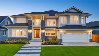 Beautiful exterior of newly built luxury home with yard with green grass and twilight sky