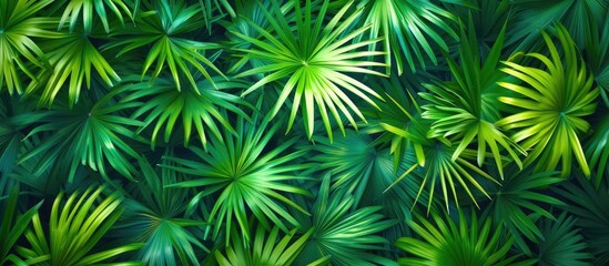 This close-up view showcases a bunch of vibrant green palm leaves, showcasing their fresh and lush appearance. The leaves are arranged closely together, displaying their intricate veins and rich green