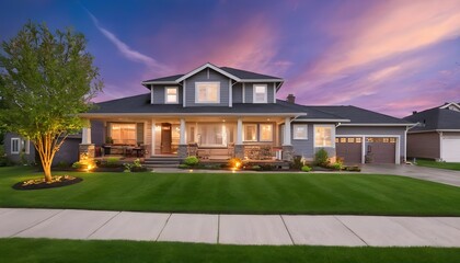 Beautiful exterior of newly built luxury home with yard with green grass and twilight sky - obrazy, fototapety, plakaty