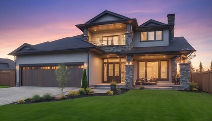Beautiful exterior of newly built luxury home with yard with green grass and twilight sky - obrazy, fototapety, plakaty