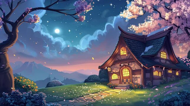 Enchanting fantasy house surrounded by blooming sakura trees under the magical glow of the night sky Seamless looping 4k time-lapse virtual video animation background. Generated AI