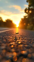 Sun rising, little ant on the road
