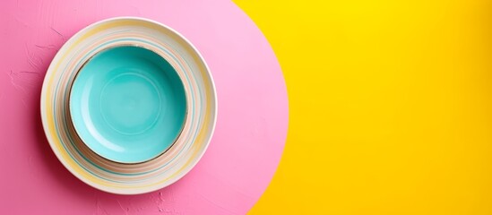 Two plates stacked in a circle on a pink and yellow background, resembling an eye. The dishware is in magenta and electric blue colors, with liquid splashes like paint. - Powered by Adobe