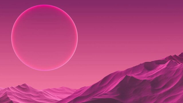 Planet landscape in pink color with a luminous planet in the sky minimal. Abstract landscape of a fantasy planet animation, 3D render