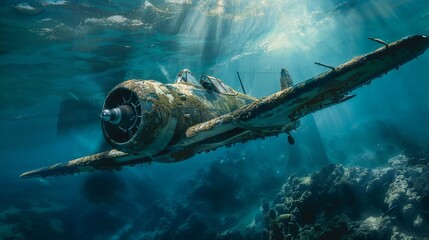 A captivating underwater scene showcasing a vintage aircraft, as it embarks on a diagonal descent into the serene depths of the ocean. - obrazy, fototapety, plakaty