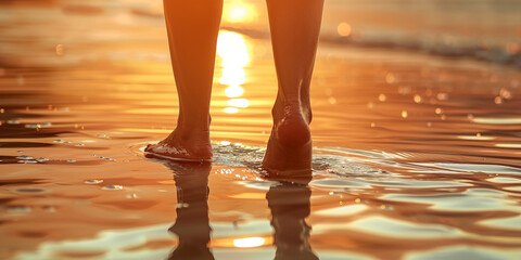 Female legs in water on sunset background. Close up of female legs in water