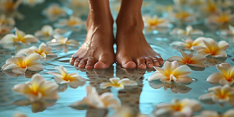 Obraz na płótnie Canvas Beautiful female feet and flowers on water, closeup. Spa treatment