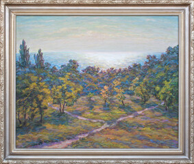 Oil painting landscape parkland by the sea in frame. Fine art autumn trees and blue sea.