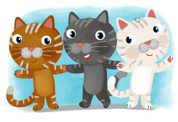 cartoon scene with cat friends spending time together having fun illustration for children