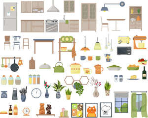 Set of furniture and elements for the kitchen. Table and cabinets, refrigerator and stove. Kitchen utensils, spices in jars, decorative flowers and figurines. Vector flat illustration. For advertising