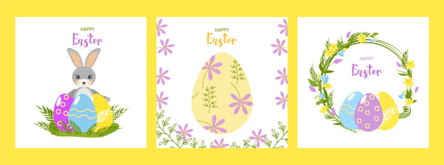 Easter banner design for Social Media web packaging and advertising. Cute bunny and Easter eggs in bright colors. Three separate color posters. Vector illustration.