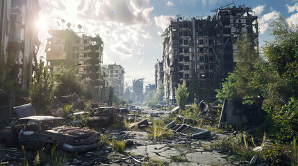 Post-Apocalyptic City Set with Ruined Buildings, Overgrown Vegetation, and Scavenger's Camp. Concept of Survival and Rebuilding - obrazy, fototapety, plakaty