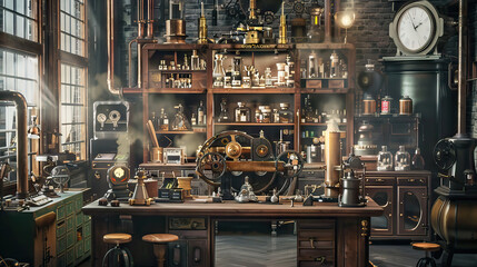 Steampunk Laboratory Set with Victorian-Inspired Machinery and Inventor's Workshop. Concept of Retro-Futurism and Innovation. - obrazy, fototapety, plakaty