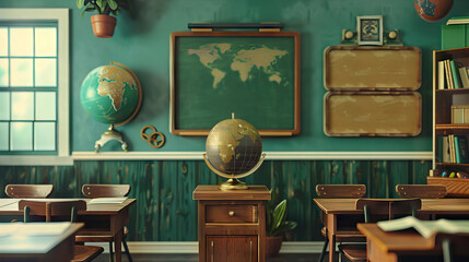 Retro Classroom Set with Wooden Desks, Chalkboard, and Globe. Concept of School Days and...