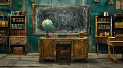 Retro Classroom Set with Wooden Desks, Chalkboard, and Globe. Concept of School Days and Educational Nostalgia