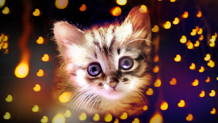 Pretty cute kitten on blurred dark glittering background. Festive background. Tabby cat. Funny pets. Valentines Day, Birthday, Dating. String light, flare bokeh