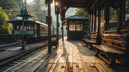 Vintage Train Station Set with Ticket Booth, Wooden Benches, and Steam Engine. Concept of Travel Nostalgia and Romanticism - obrazy, fototapety, plakaty