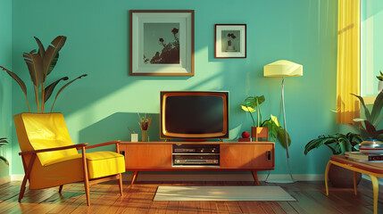 Vintage Living Room Set with Mid-Century Modern Furniture and Classic TV Console. Concept of Retro Home Life and Family Time