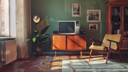 Vintage Living Room Set with Mid-Century Modern Furniture and Classic TV Console. Concept of Retro Home Life and Family Time