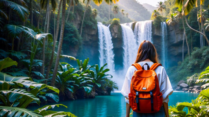 A tourist girl goes to the waterfall - obrazy, fototapety, plakaty