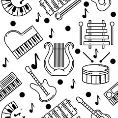 Doodle seamless musical instrument pattern, guitar, piano, lyre, drum on white background