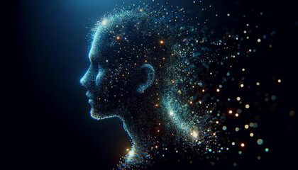A side profile silhouette of a person, intricately filled with myriad points of light representing AI technology wallpaper background
