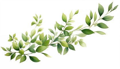 Watercolor card of green branches isolated, white background