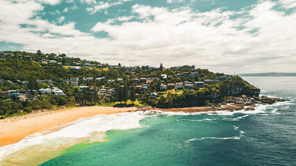 Stunning ocean view of the waves and beach in the Northern Beaches of NSW, Sydney, Australia. The...