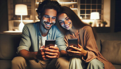 A woman and a man sitting side by side on a modern couch, each engaged with their own smartphone looking at social media