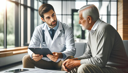 A male doctor is attentively reviewing a patient chart alongside an older male patient wallpaper background