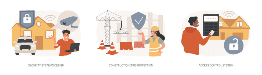 Security solutions isolated concept vector illustration set. Security systems design, construction site protection, access control system, commercial building, authorize entry vector concept.