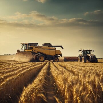 Agricultural Technology: Illustration of Harvester in Yellow Wheat Field