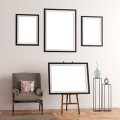 Easel photo display holder stand, next to sofa and wooden stand with matte vase and multiple frame on wall