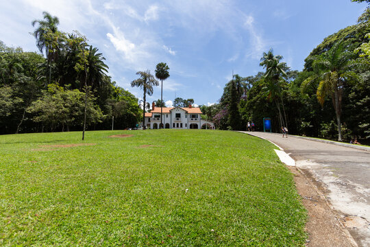 SÃO PAULO, SP, BRAZIL - FEBRUARY 10, 2024: Summer Palace photographed in ultra wide angle in Alberto Lofgren State Park, better known as Horto Florestal (Forest Garden).