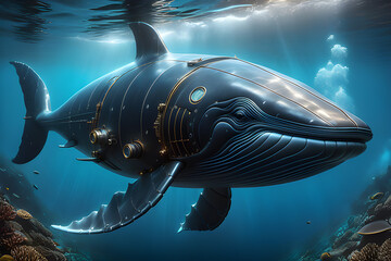 Fantasy on the theme of cryptocurrency whales, a 3D technological pseudo-realistic whale in a technologically modern design. 3D rendering and illustration. - obrazy, fototapety, plakaty
