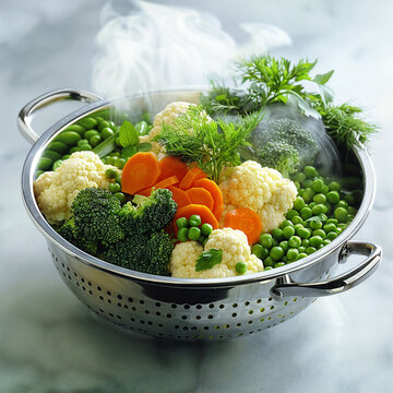 An image of perfectly steamed vegetables in a double boiler. Ideal for recipe blogs, healthy lifestyle platforms, and promoting nutritious side dishes