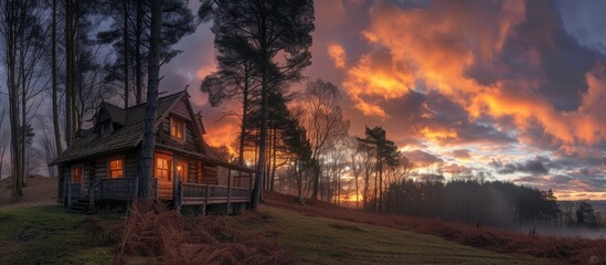 A wooden cabin nestled at the edge of a forest, with the vibrant hues of a sunset in the background, casting warm light on the scene. The cabin stands out against the trees, creating a serene and