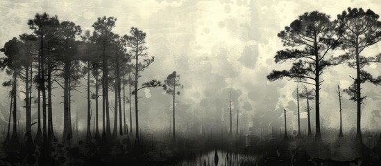 A black and white depiction of a landscape featuring trees reflected in water, creating a stark...