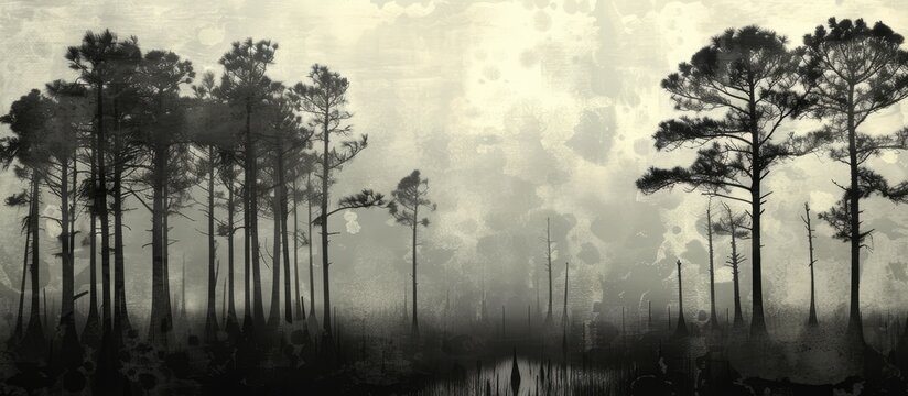 A black and white depiction of a landscape featuring trees reflected in water, creating a stark contrast in colors and textures. The image captures the interplay between the natural elements with a