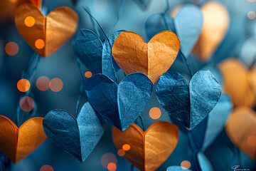 Yellow and blue paper hearts creatively arranged on a pastel background.