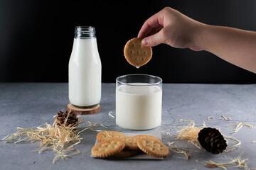 Hand dipping biscuit cracker in a glass of milk. Children's breakfast or snack. Baking and eating...