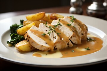 Grilled Chicken Breast with herb-infused marinade, Herb-Roasted Fingerling Potatoes, SautÃ©ed Spinach, and Homemade Gravy on White Ceramic Plate for rustic food photography
